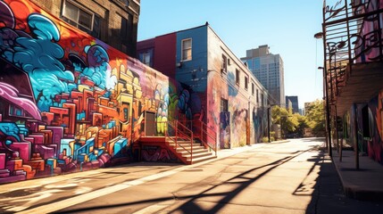 Artistic Tapestry: A Kaleidoscope of Graffiti and Murals, Bathed in Sunlight, Unveiling the Urban...