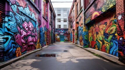 Urban Canvas: Exploring the Vibrant Tapestry of Graffiti and Murals in a Sunlit Alleyway