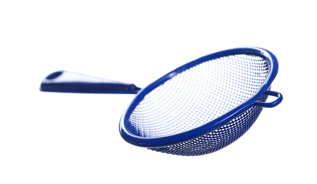 Blue empty metal sieve isolated on white, clipping