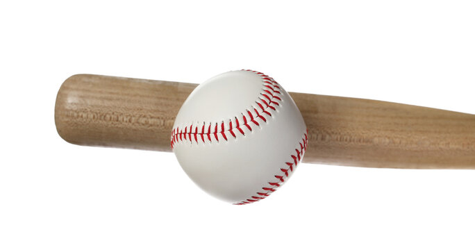 Close up wooden baseball bat and ball isolated on white, clipping  