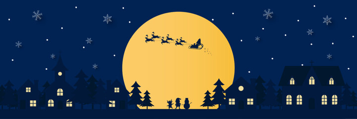 Merry christmas background. silhouette of santa claus with sled and reindeers on the sky coming at city village and christmas tree in night time with snowfall. Vector illustration © sichon