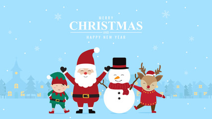 Santa Claus, elf, snowman and reindeer wearing christmas costumes with city village and christmas tree in snowfall. Christmas season and Happy new year season