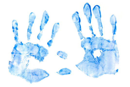 Set blue hand print, paint watercolor isolated on white, clipping 