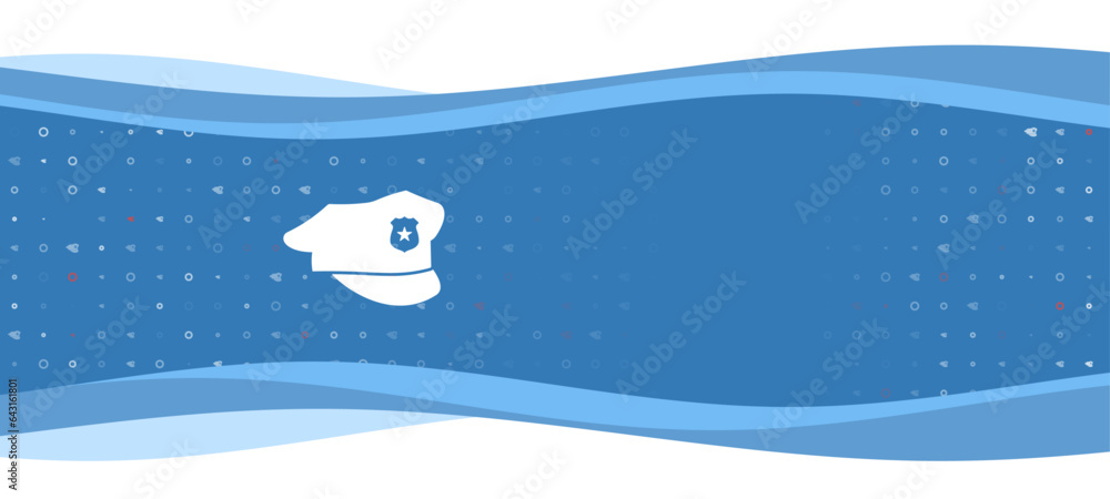 Poster blue wavy banner with a white police cap symbol on the left. on the background there are small white