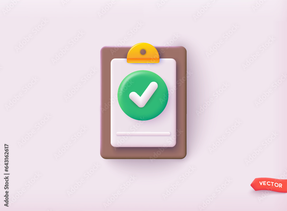Poster checklist on a clipboard paper. successful completion of business tasks. 3d web vector illustrations