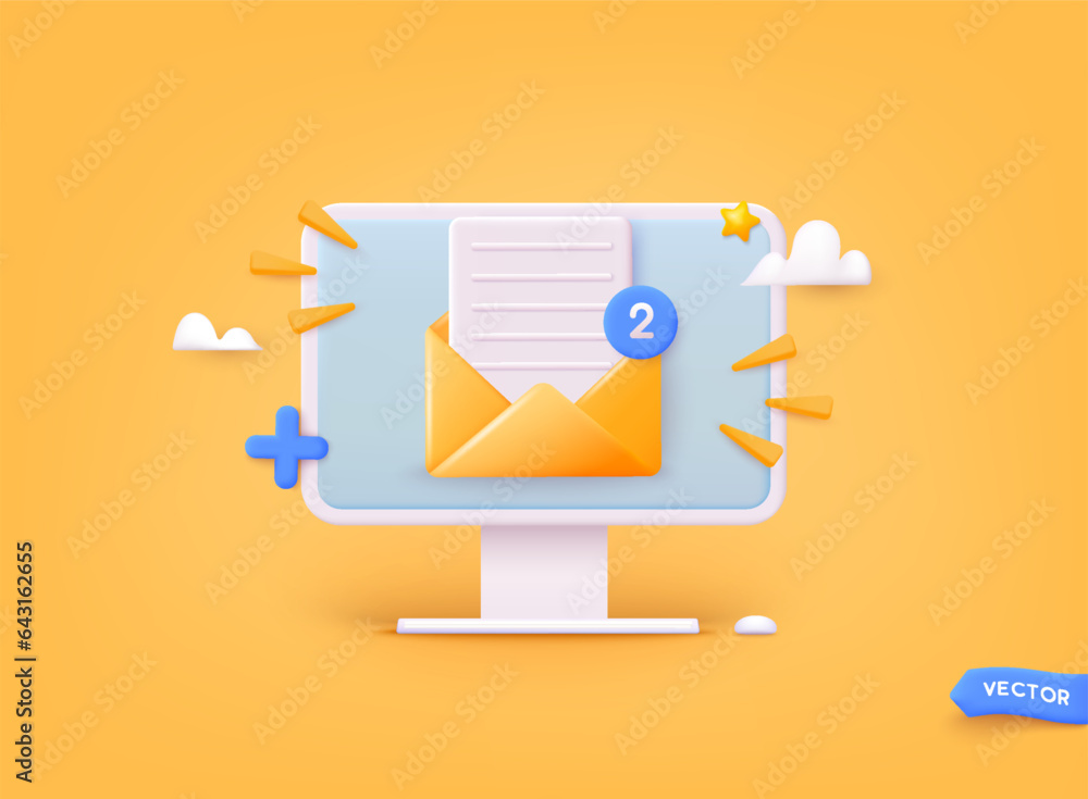 Poster open mail envelope icon on computer screen. subscribe to newsletter. vector illustration for online 