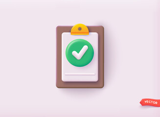 Checklist on a clipboard paper. Successful completion of business tasks. 3D Web Vector Illustrations.