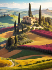Beautiful Golden Sunrise In Tuscany Italy With Vineyard Natural Autumn Background Ai Generated - obrazy, fototapety, plakaty