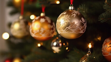 Close-up of a Christmas tree with holiday decorations on a blurred background, festive mood