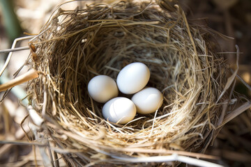 BIRD'S NEST MADE OF STRAW, WITH 4 WHITE EGGS INSIDE.