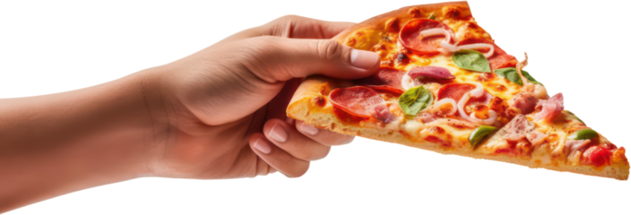 Hand holding delicious slice of pepperoni pizza, cheese, salami, PNG, Transparent, isolate.