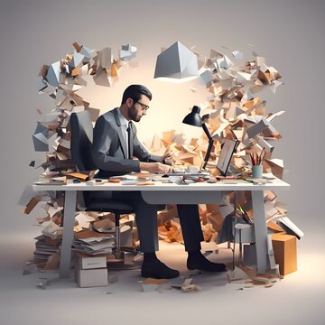 3d render of an office worker overwhelmed with paper