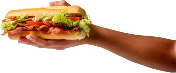 Hand holding delicious BLT Sandwich, bacon, lettuce, tomato, subway, PNG, Transparent, isolate.