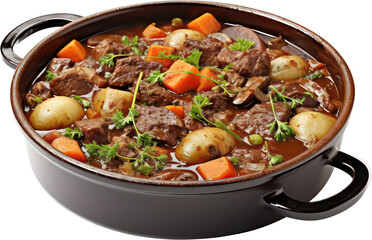 Delicious Tasty Beef meat and vegetables stew in pot, potatoes, carrots, PNG, Transparent, isolate.