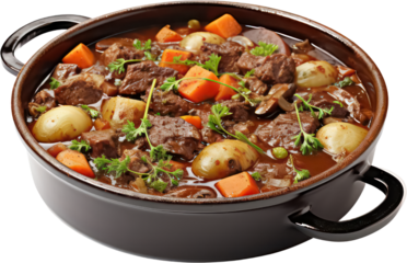 Delicious Tasty Beef meat and vegetables stew in pot, potatoes, carrots, PNG, Transparent, isolate.