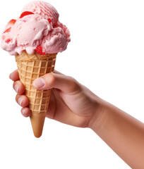 Hand holding Delicious strawberry ice cream in waffle cones, Homemade, PNG, Transparent, isolate.