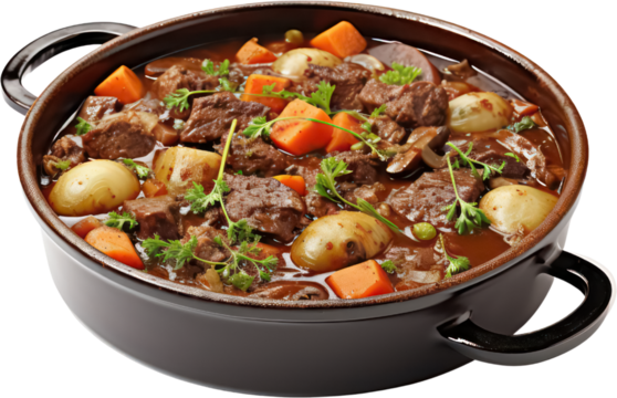 Delicious Tasty Beef meat and vegetables stew in pot, potatoes, carrots, PNG, Transparent, isolate.