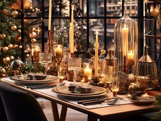 Fototapeta na wymiar Wooden table set in a luminous New Year's setting, adorned with celebratory decor, made with Generative AI
