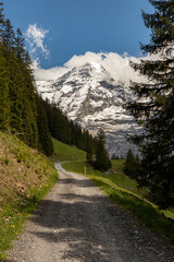 Fototapeta na wymiar Trail Leading Down a Mountain in the Swiss Alps in Switzerland in the Summer with Mountains Peaking Through Clouds in the Background