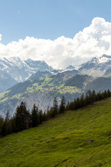Obraz premium Swiss Alps in Switzerland in the Summer with Mountains Peaking Through Clouds in the Background