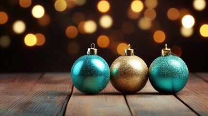 Christmas tree balls for Christmas tree closeup in blue and gold tones. Festive Christmas card, wallpaper for desktop. Christmas background