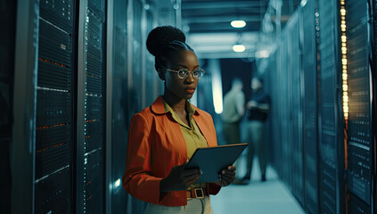 A young, professional woman working on a laptop in a modern office, maintaining server systems with expertise.