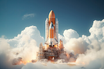 A space shuttle launching into the blue sky, symbolizing the future of space exploration and discovery.