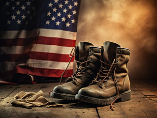Old military combat boots with dog tags and two small American flags. Generative Ai