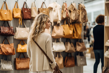 Smiling female standing near fashion bag shelves during Black Friday shopping with discounts, funny hipster girl enjoying pastime for update her wardrobe spending day in boutique