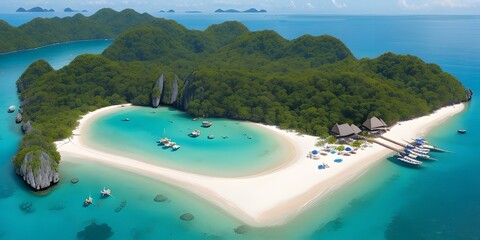view of island, Aerial view of beautiful crystal-clear water and white beach with long tail boats...