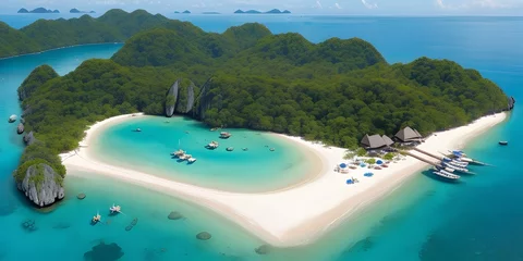 Tuinposter view of island, Aerial view of beautiful crystal-clear water and white beach with long tail boats in summer of tropical island with copy space. © Lokesh