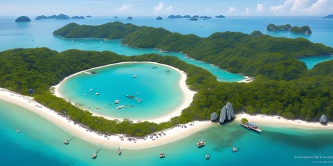 tropical island in the sea, Top view of beautiful crystal-clear water and white beach with long tail boats in summer of tropical island.