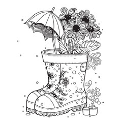 fancy floral arrangement in rubber boots for your coloring book