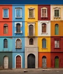 many colorful buildings with windows and shutters on each side, in the city center of cartagees, cuba