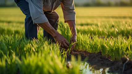 Close-up hands of an elderly man in a green rice field. Concept of organic farming, joyful old age, traditional agricultural practices, and age-old traditions.