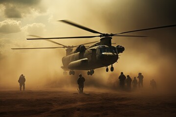Fototapeta na wymiar Military operation in desert. Helicopter landing and landing of infantry.