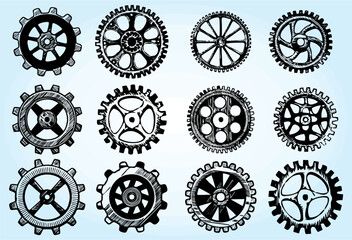Hand-drawn Collection and set of realistic gear and bicycle stars. A profiled wheel with teeth that engages with a chain. Editable vector, Cog set icons. eps 10.