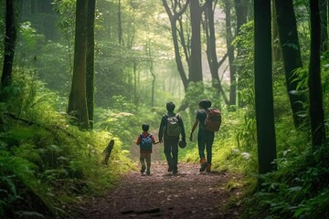 Fototapeta premium two people walking down a path in the woods, one person is carrying a backpack and the other is holding a child's