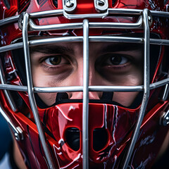 Close up of a Hockey goalie's mask, intimidating sports stare. A concept of competitiveness and ice hockey. Generative ai. 