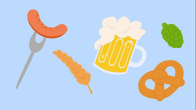 Oktoberfest elements set. Bavarian culture. Beer, pretzel and sausage animation