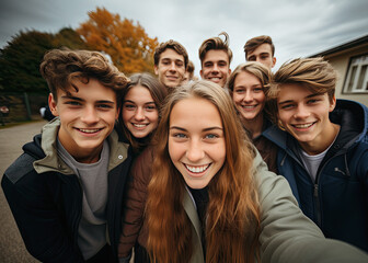 grupo de jovenes estudiantes y  amigos haciéndose un selfie en el patio exterior del colegio o instituto donde estudian y realizan su formacion - obrazy, fototapety, plakaty