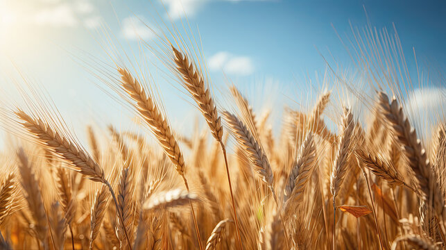 campo de trigo con espigas dorado, cielo azul y nubes blancas