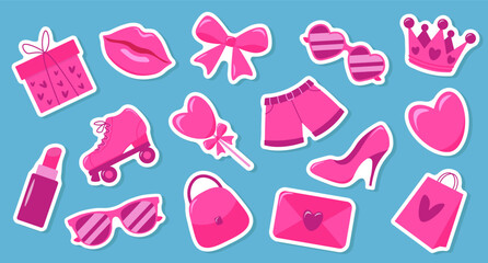Pink trendy set of stickers. Pink doll aesthetic accessories.