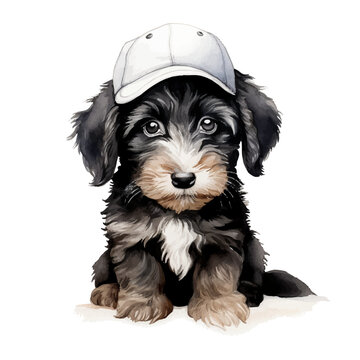 Watercolor illustration black and white goldendoodle puppy by hand draw isolated on white background.