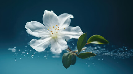 Fototapeta na wymiar Jasmine bloom. A beautifull white flower of Jasmine falling in the air isolated on blue background. Levitation or zero gravity concept.