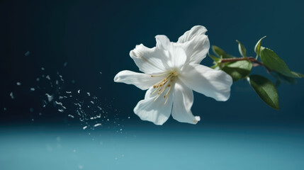 Jasmine bloom. A beautifull white flower of Jasmine falling in the air isolated on blue background. Levitation or zero gravity concept.