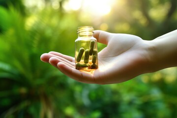 Hand holding a bottle of capsules in nature