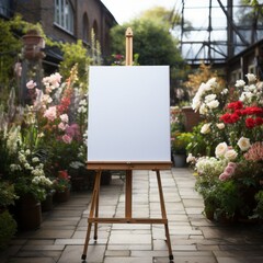 White Board canvas on wood easel in the garden, welcome sign, Seating chart Mockup, Easel Sign Mockup, Wedding Sign Mockup, Welcome Sign Mockup, Easel Mockup, Baby Shower Mockup, 3d render