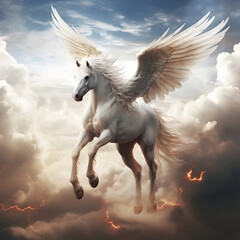 Obraz na płótnie Canvas Pegasus horse flying through the sky with white clouds. A fantasy concept from Greek mythology. Generative ai. 