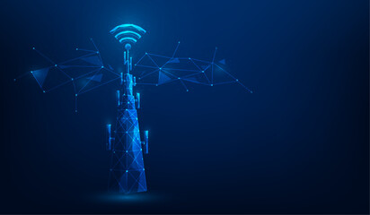 signal tower telecommunication network technology on blue background. internet wireless digital connection. vector illustration fantastic design.